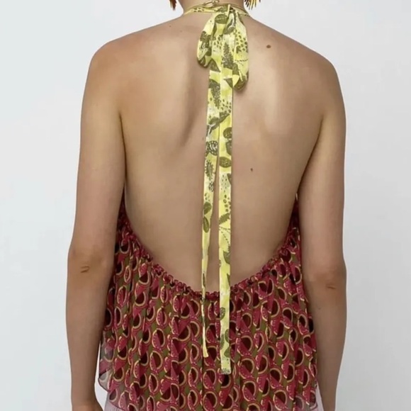 Zara Leaves and Geometric Shapes Halter Top Pink Yellow Green Orange Size Large - Picture 9 of 14